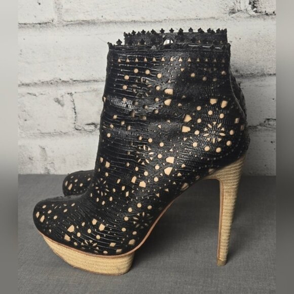 BCBGmaxazria Black & Tan Platform, Booties, Stiletto Shoes - Picture 5 of 15